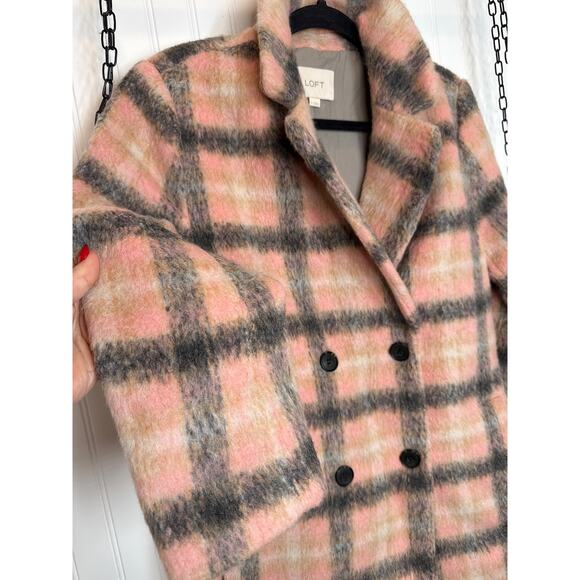 NWOT LOFT Plaid Double Breasted Coat Pink Gray Wool Blend Gorpcore Outdoor Sz M - Picture 4 of 10